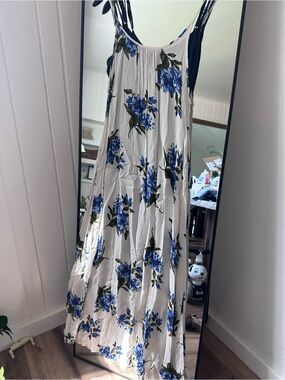 Women's White Maxi Dress with Blue Floral Print - Sleeveless Summer Style